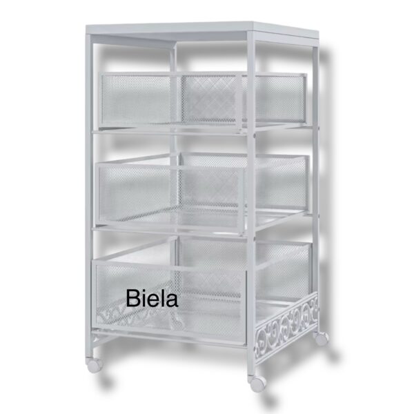 Pojazdný organizér Quido 3 police s košíkmi biely