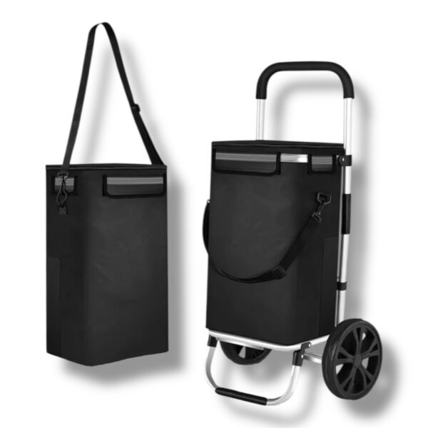 Skladací nákupný vozík Agnes – 2 kolesa, 40 l, kovový rám, odnímateľná taška, čierny