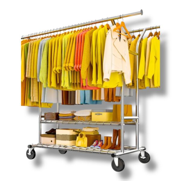 Nastaviteľný kovový vešiak na oblečenie s kolieskami Kleo