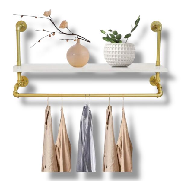 Nástenný stojan na šaty s poličkou Herk - zlatý/biely