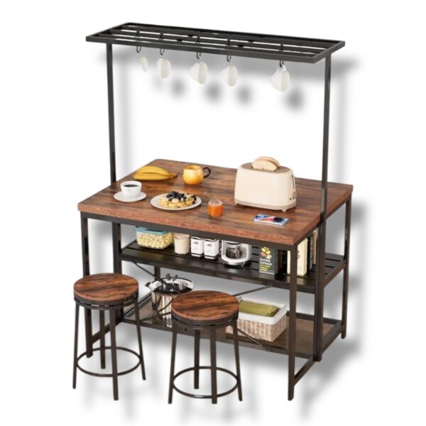 Kovový kuchynský ostrov Nozo so stojanom, policami a barovým stolom