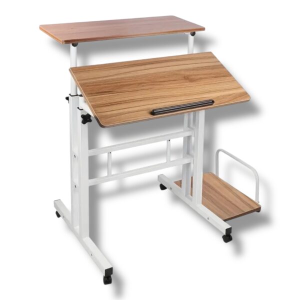 Mobilný pracovný stôl Vido s kolieskami a dvojitou pracovnou plochou – nastaviteľná výška, MDF, kovový rám