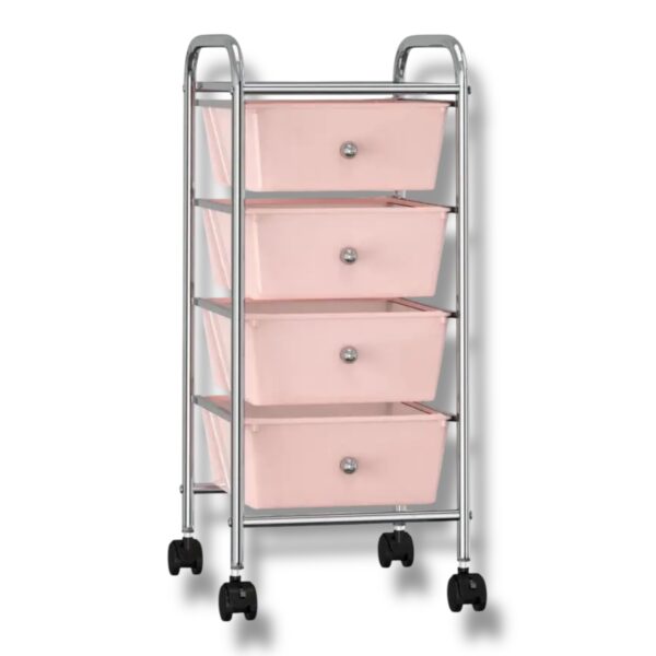 Kovový organizér Yva na kolieskach 4 ružové plastové košíky pre praktické uskladnenie