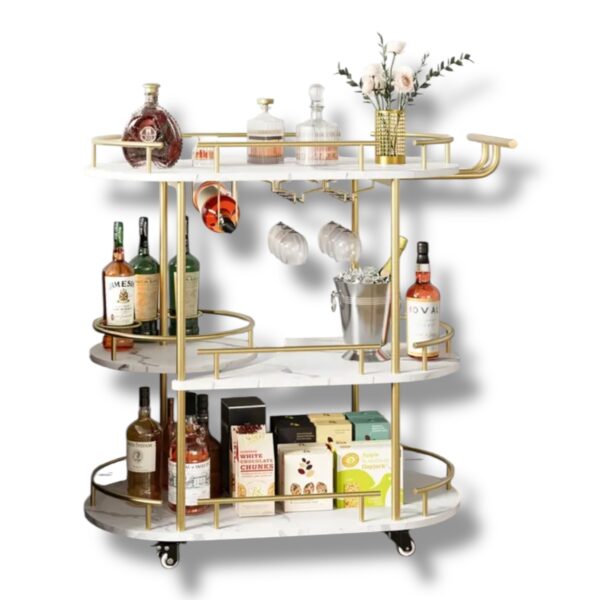 Barový vozík Kori 3-poschodový-zlatý kovový rám, stojan na víno, držiak na poháre